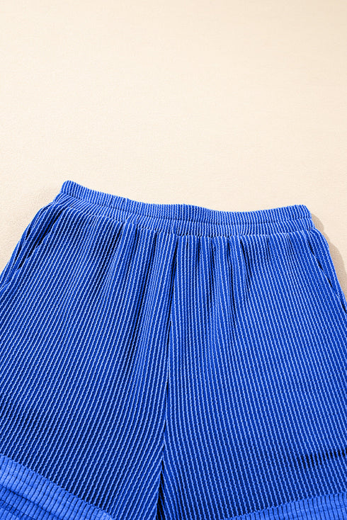 Sky Blue Corded Collared Half Zip Tank Top Two Piece Shorts Set